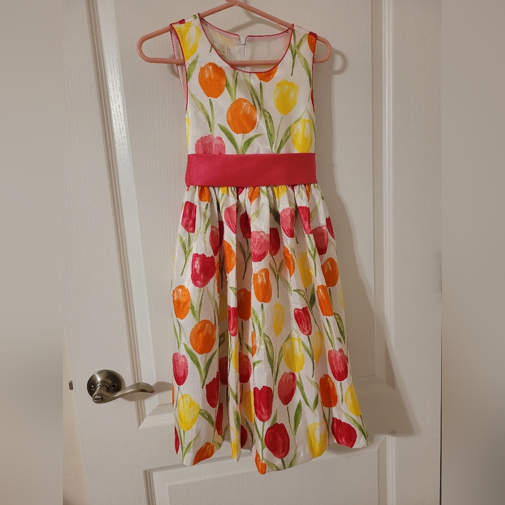 American Princess Girls Pink Orange Floral Tulip Party Dress, Size 8